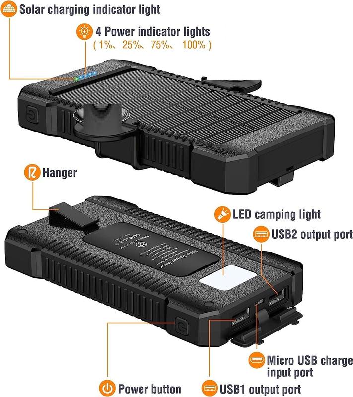 2023 Super 10000mAh USB Portable Charger Solar Power Bank for Cell Phone Accessories Smartphone Charging Cable Compact Chargeable