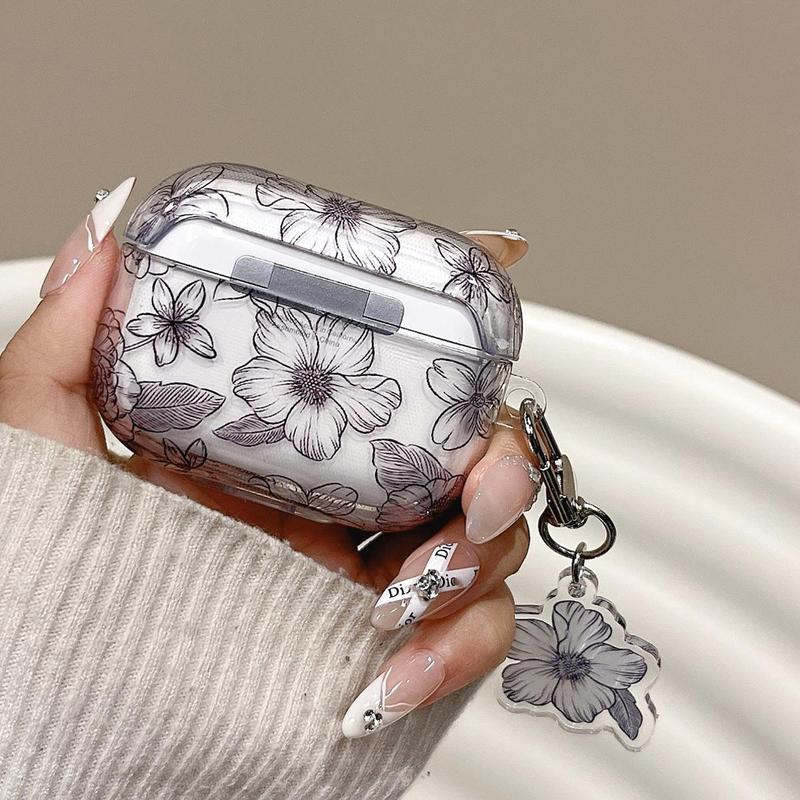 Flower Pattern Earphone Case with Keychain, Decorative Earphone Protector Cover, TPU Earphone Protective Case for Airpods 1 2 3 Pro 2 Pro
