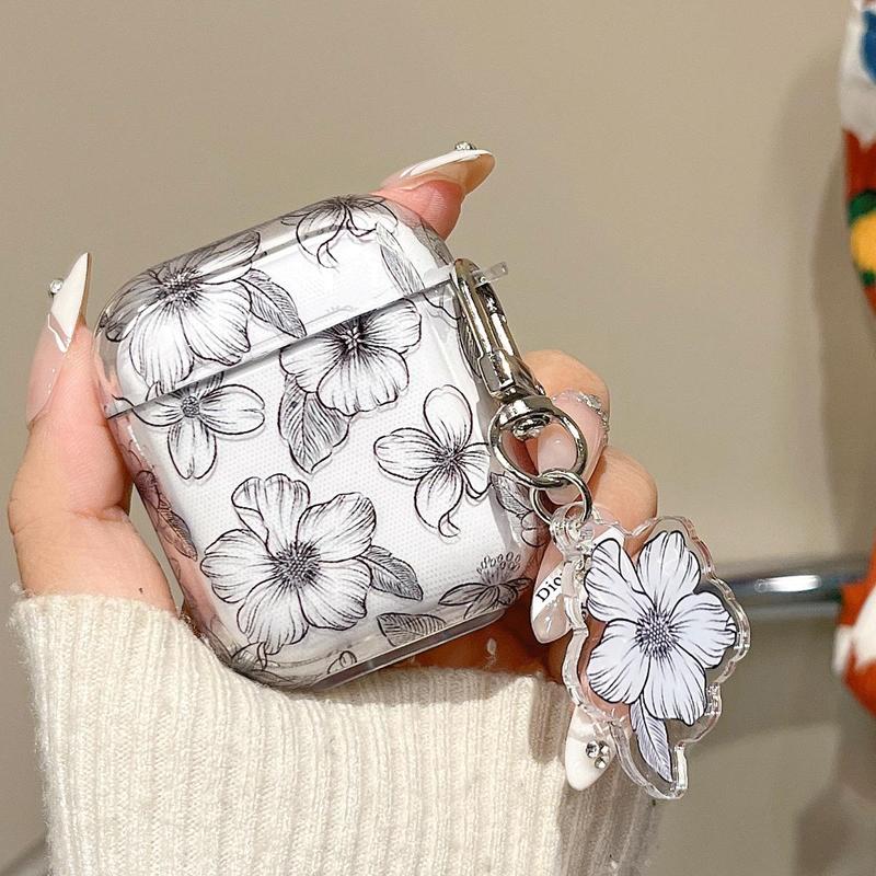 Flower Pattern Earphone Case with Keychain, Decorative Earphone Protector Cover, TPU Earphone Protective Case for Airpods 1 2 3 Pro 2 Pro