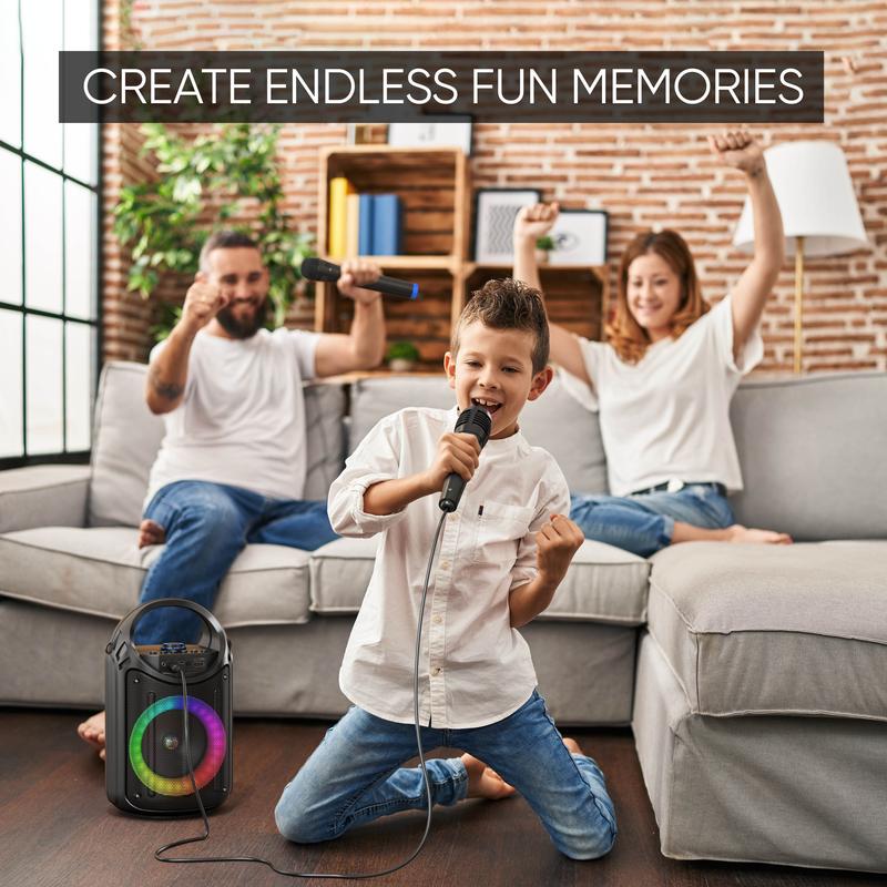 MASINGO Karaoke Machine with 1 Wireless Mic and 1 Wired Mic, PA Speaker with LED Lights, Supports TF Card USB, AUX MIC in, TWS for Home Party, Rechargeable Audio Equipment with Bluetooth, Charging Handle, and Smartphone Compatibility - Burletta C10 V1
