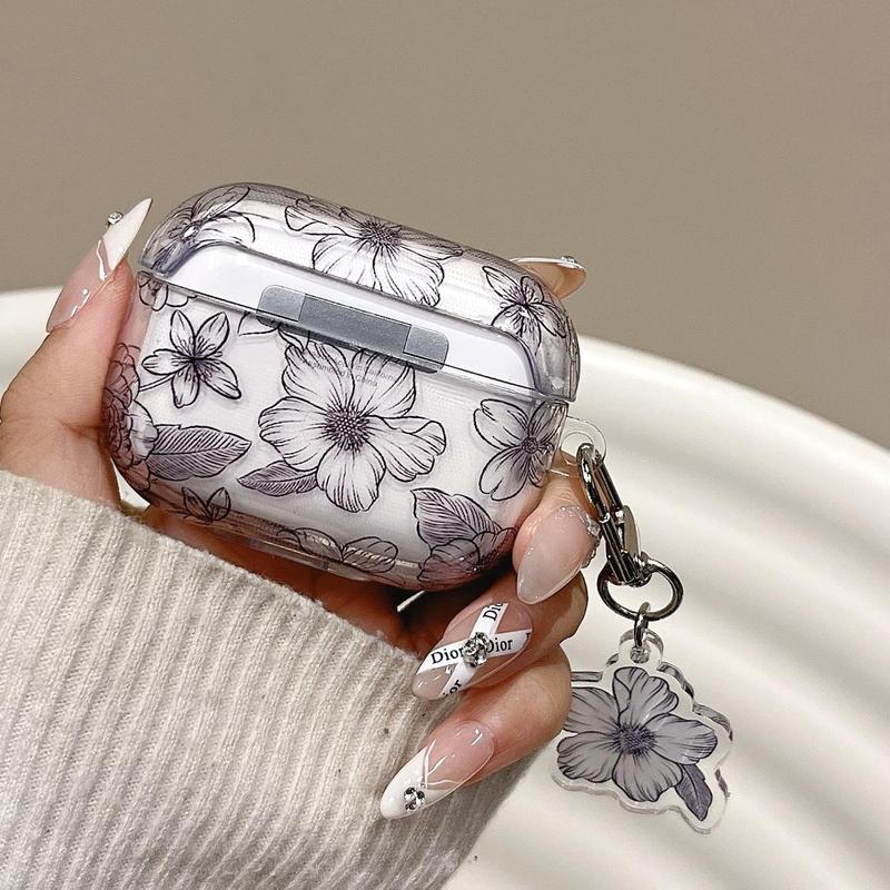 Flower Pattern Earphone Case with Keychain, Decorative Earphone Protector Cover, TPU Earphone Protective Case for Airpods 1 2 3 Pro 2 Pro
