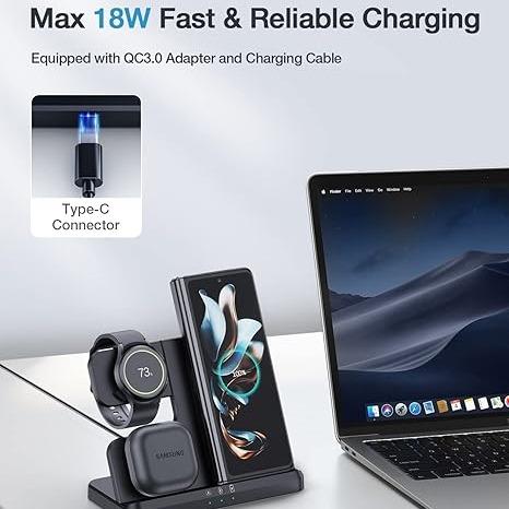 Wireless Charger  3 in 1 Samsung Charging Station for Galaxy  S24 S23 S22 S21 S20 Ultra Plus Z Fold Flip 6 5 4 3 S24 Ultra Flip Fold 5 4 3 Note 20, Galaxy Watch 7 （Not for 7ultra） 6  Watch 5 Pro 5 4 3 Active 2 1, Buds+ Pro Live(With Adapter)