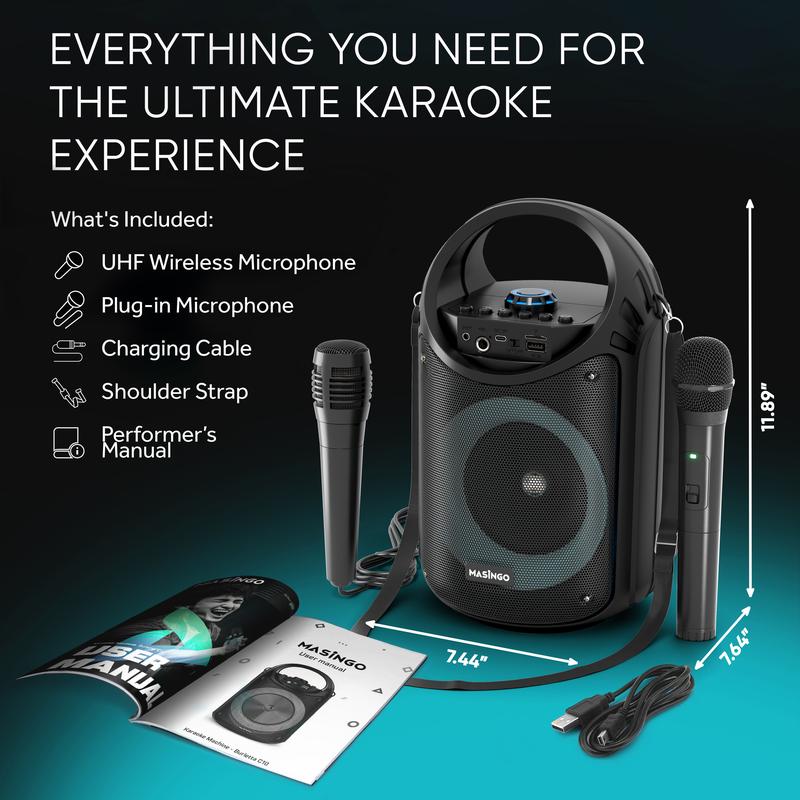 MASINGO Karaoke Machine with 1 Wireless Mic and 1 Wired Mic, PA Speaker with LED Lights, Supports TF Card USB, AUX MIC in, TWS for Home Party, Rechargeable Audio Equipment with Bluetooth, Charging Handle, and Smartphone Compatibility - Burletta C10 V1