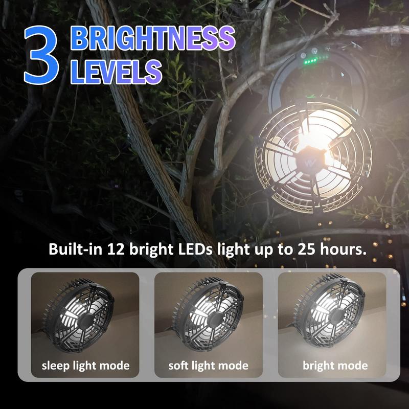 Foldable Camping Fan Rechargeable, Ayamaya 10400mAh Portable Battery Powered Camping Fan for Tents, Hangable USB Fans with LED Lantern Suitable for Fishing, Camping, BBQ, Workplace,Tent Fan with Light Button Mobile Adjustable Durable Equipment Charging