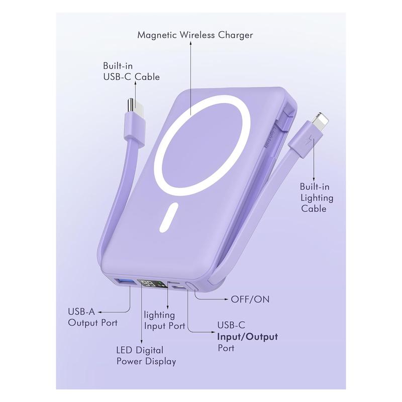 Podoru 10000mAh Power Bank, Multifunctional Wireless Magnetic Travel Charger Built-in USB C Lighting Cable, MagSafe for iPhone 16 15 14 13 12 Series Charging, Silicone Portable Smartphone Chargeable Protection Battery Pack