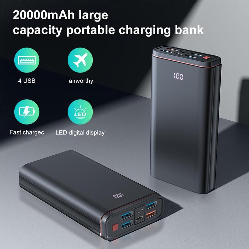 Portable Charger, 20000mAh Power Bank with 4 USB-A Ports, QC18W Type-C Output Input Fast Charging Adapter with LED Digital Display for Phone Tablet, Stocking Fillers Gift
