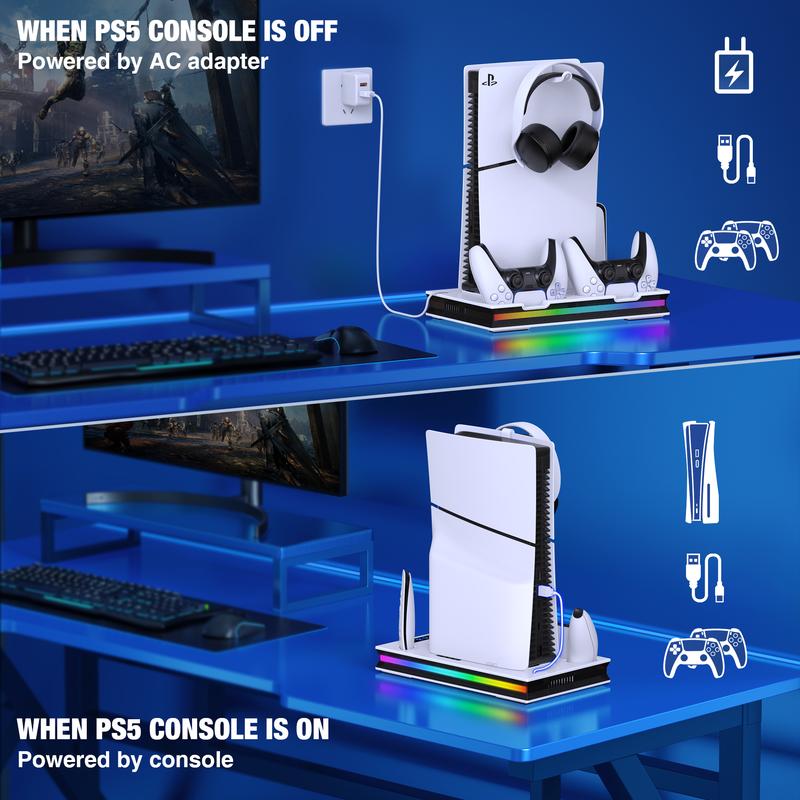 PS5 Cooling Station with Controller Charging Station for PS5 Pro PS5 Slim PS5 Disc Digital Console, PS5 Accessories 3 Level Cooling Fan, RGB, 3 USB Hub, Headset Holder, Media Slot