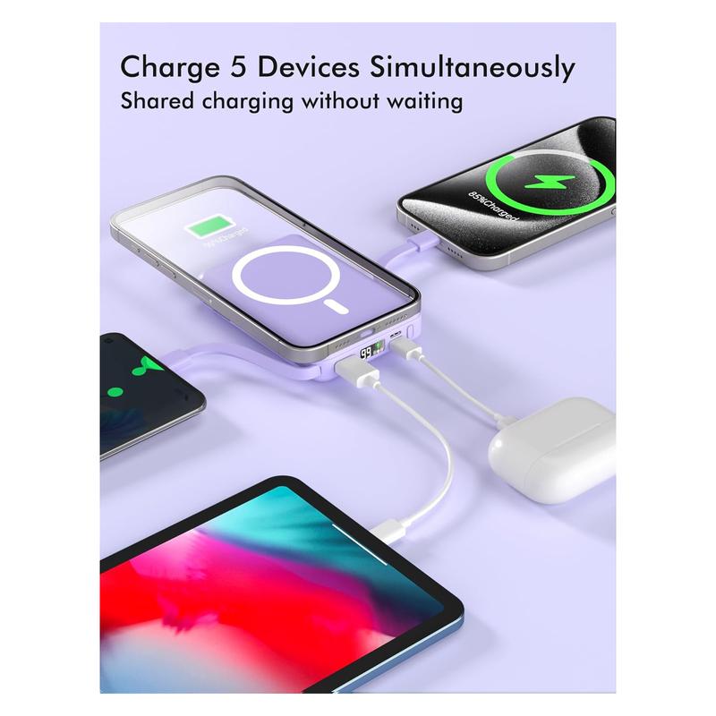 Podoru 10000mAh Power Bank, Multifunctional Wireless Magnetic Travel Charger Built-in USB C Lighting Cable, MagSafe for iPhone 16 15 14 13 12 Series Charging, Silicone Portable Smartphone Chargeable Protection Battery Pack