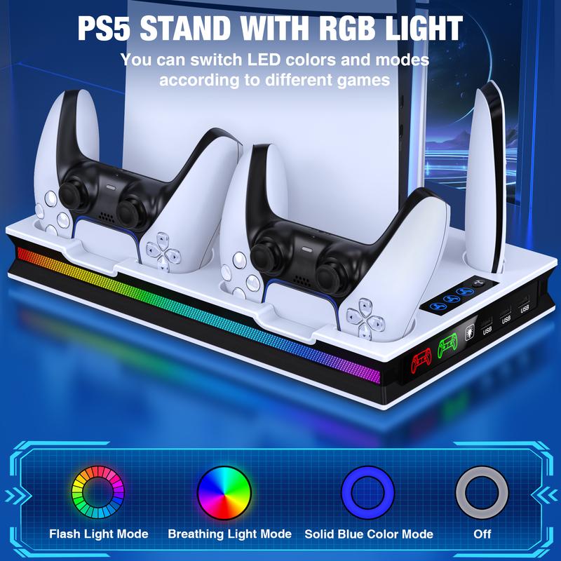 PS5 Cooling Station with Controller Charging Station for PS5 Pro PS5 Slim PS5 Disc Digital Console, PS5 Accessories 3 Level Cooling Fan, RGB, 3 USB Hub, Headset Holder, Media Slot