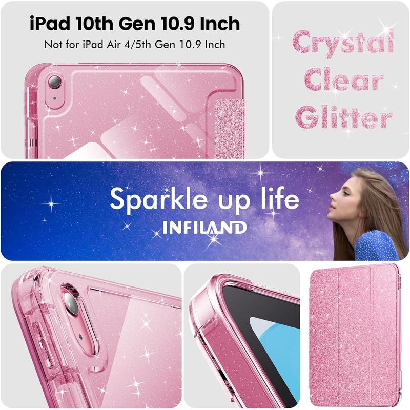 Compatible with 10th Generation Case, Case 10th Generation 10.9 Inch, Cute Glitter Cover with Clear Back, Pencil Holder, Anti-Yellowing, Rose Pink