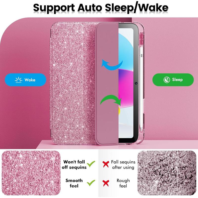 Compatible with 10th Generation Case, Case 10th Generation 10.9 Inch, Cute Glitter Cover with Clear Back, Pencil Holder, Anti-Yellowing, Rose Pink