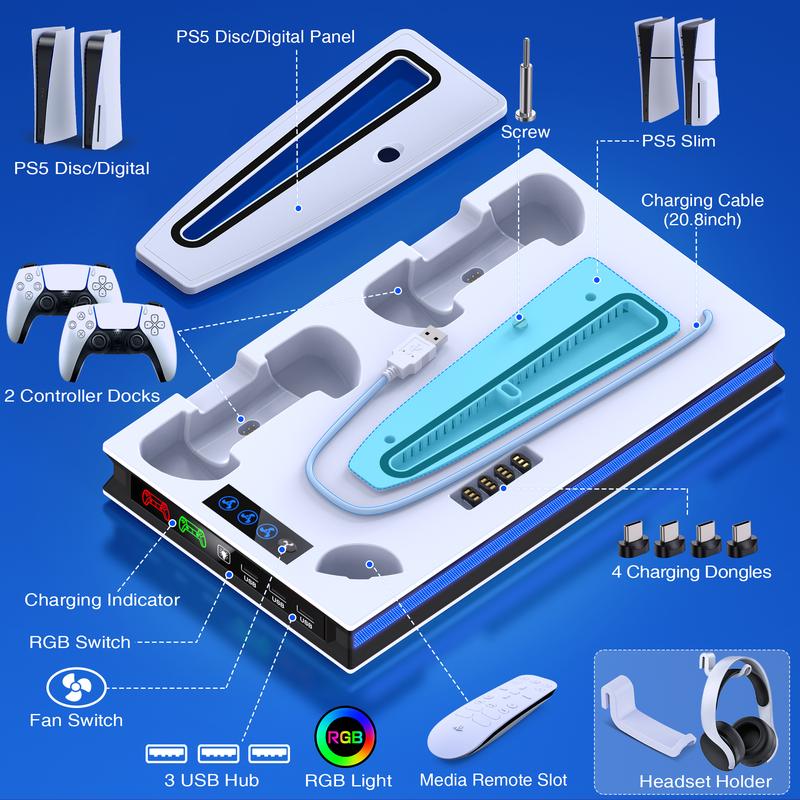 PS5 Cooling Station with Controller Charging Station for PS5 Pro PS5 Slim PS5 Disc Digital Console, PS5 Accessories 3 Level Cooling Fan, RGB, 3 USB Hub, Headset Holder, Media Slot