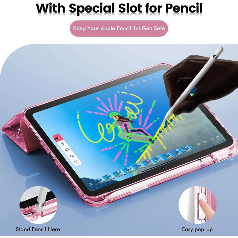 Compatible with 10th Generation Case, Case 10th Generation 10.9 Inch, Cute Glitter Cover with Clear Back, Pencil Holder, Anti-Yellowing, Rose Pink