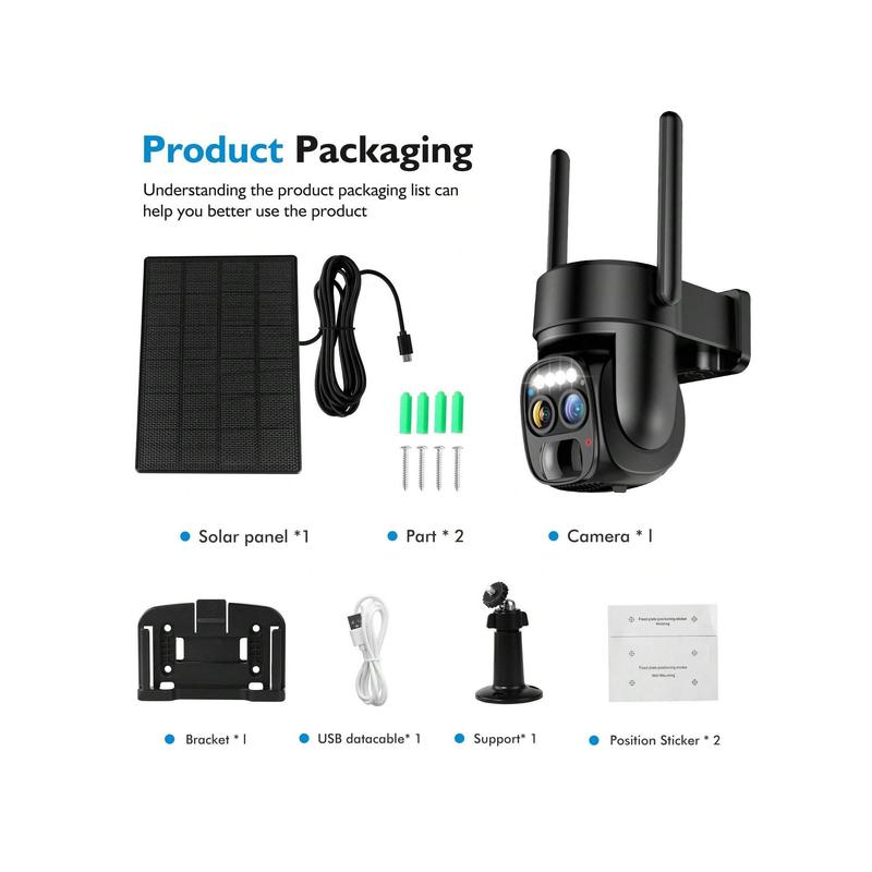 2K Solar-Powered Wireless Outdoor Security Camera, 360° Pan Tilt, 10X Zoom, PIR Motion Detection, Spotlight & Siren Card Audio