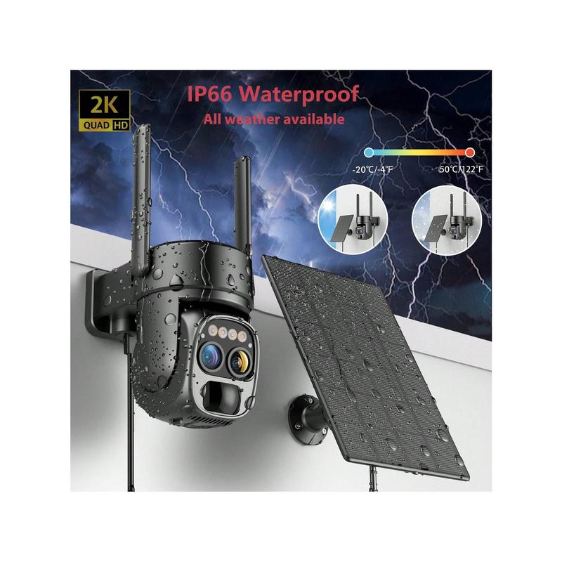 2K Solar-Powered Wireless Outdoor Security Camera, 360° Pan Tilt, 10X Zoom, PIR Motion Detection, Spotlight & Siren Card Audio