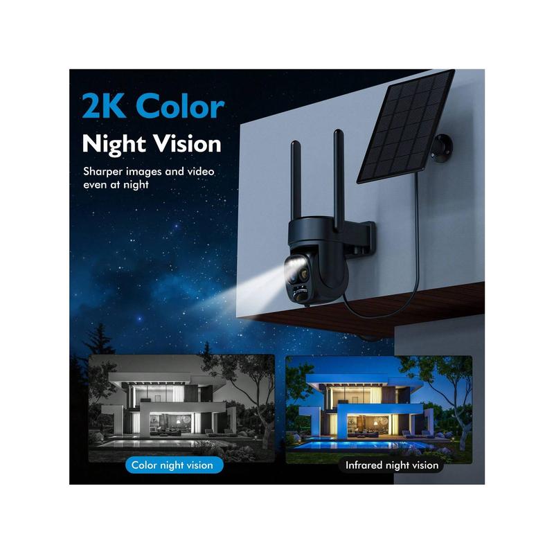 2K Solar-Powered Wireless Outdoor Security Camera, 360° Pan Tilt, 10X Zoom, PIR Motion Detection, Spotlight & Siren Card Audio