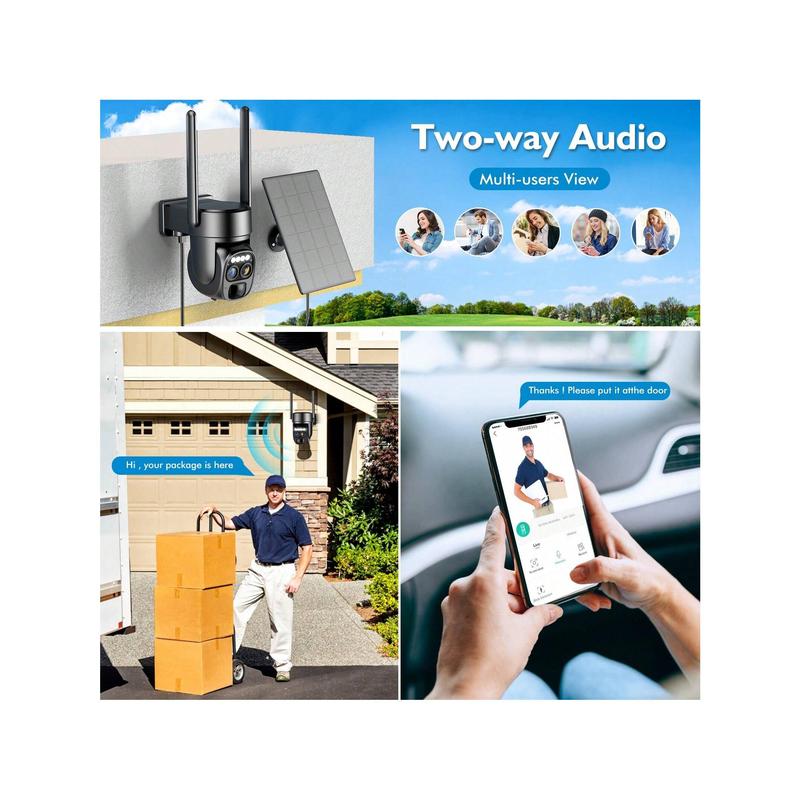 2K Solar-Powered Wireless Outdoor Security Camera, 360° Pan Tilt, 10X Zoom, PIR Motion Detection, Spotlight & Siren Card Audio