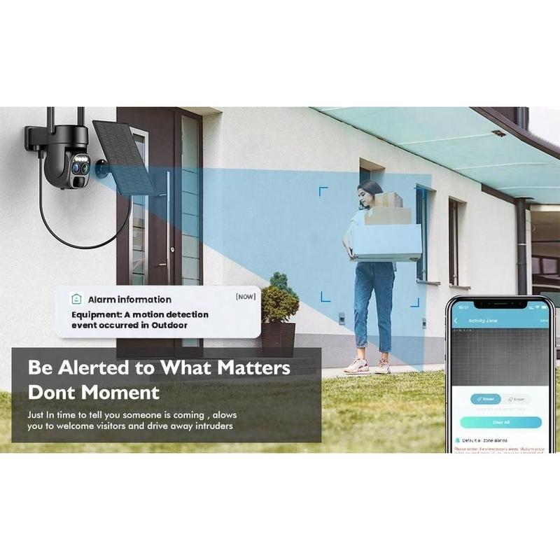2K Solar-Powered Wireless Outdoor Security Camera, 360° Pan Tilt, 10X Zoom, PIR Motion Detection, Spotlight & Siren Card Audio