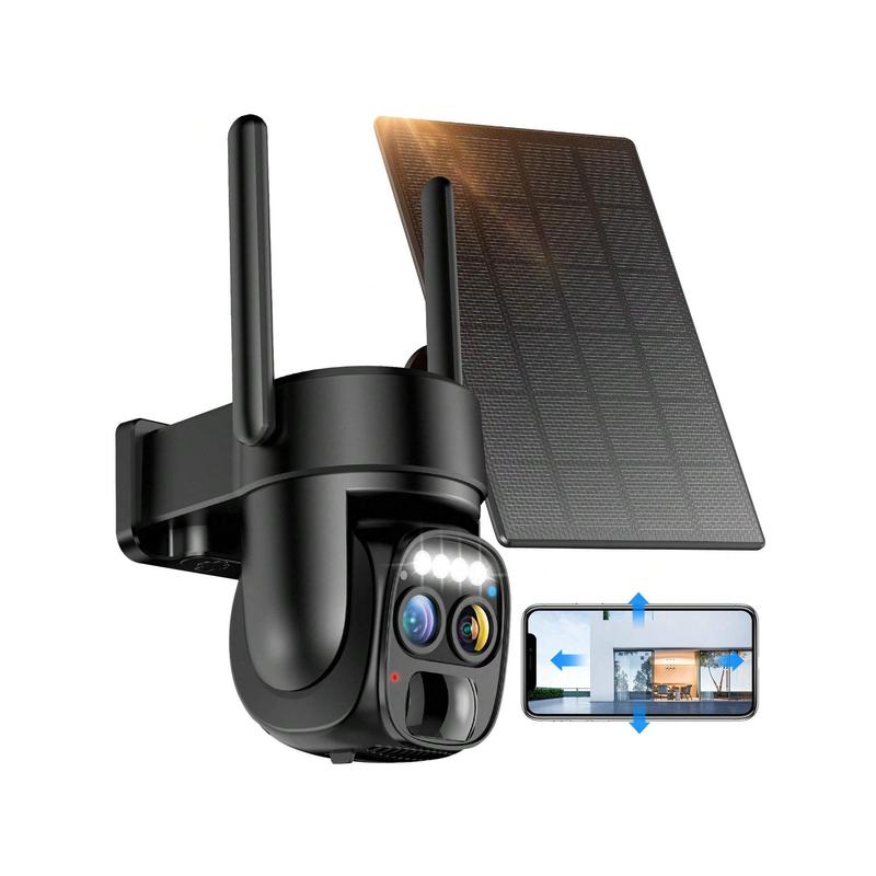 2K Solar-Powered Wireless Outdoor Security Camera, 360° Pan Tilt, 10X Zoom, PIR Motion Detection, Spotlight & Siren Card Audio