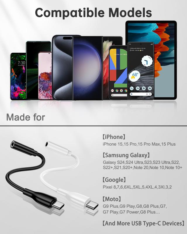 AILKIN USB C to 3.5mm Audio Jack Adapter, 2Pack Aux Cord to iPhone 16Pro Max Dongle Headphone Jack Adapter with Microphone, Apple Adapter Headphone Jack for Samsung Galaxy S24 S23, Google Pixel 8 7 Accessories Compact Noise Plug Receiver Device Wireless