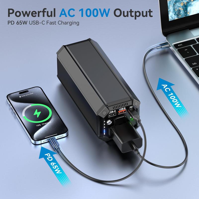 Power Bank with AC 100W,Portable Laptop Charger,98Wh 27000mAh External Battery for Laptop,PD 65W Type-C,Compatible for Outdoor RV Camping Travel Emergency Backup Home