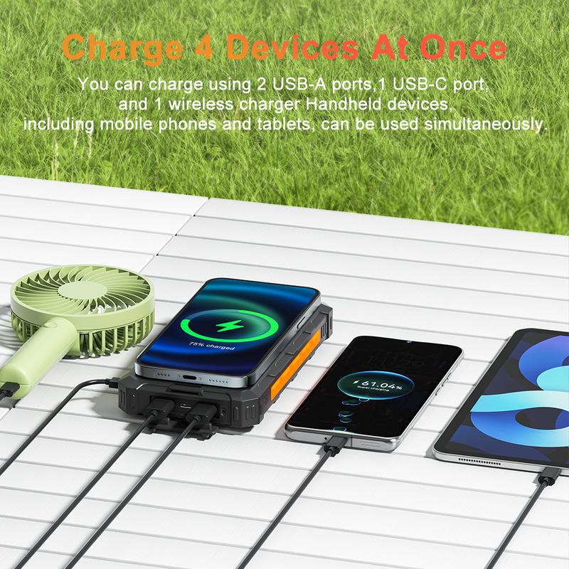 Solar Power Bank, PD20W QC3.0 Fast Charging 15W Wireless Charger 20000mAh Solar Powered Powerbank with Type C Input Output, IPX5 Waterproof, Camping Flashlight,For more devices