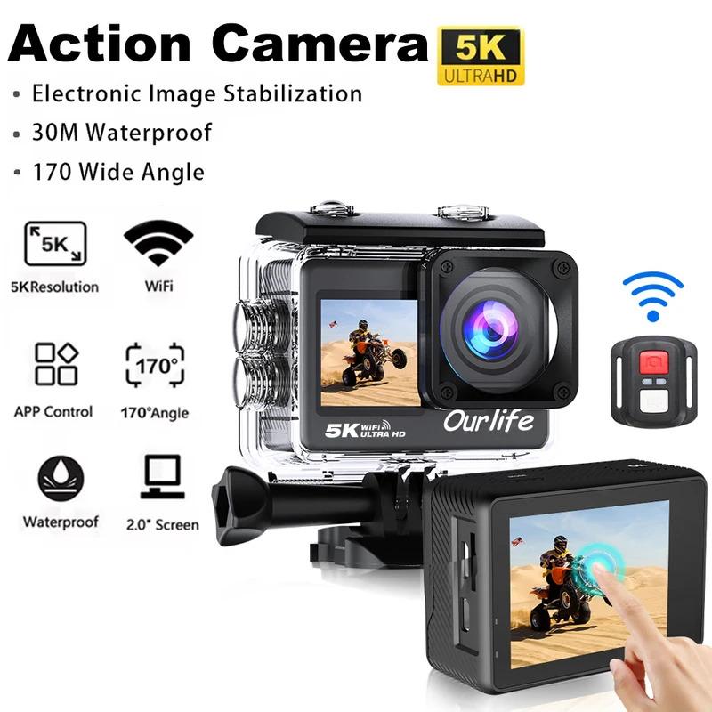 Action Camera 5K 4K60FPS EIS WiFi 170D 2.0 ''Touch Screen 30M Waterproof 5X Zoom Sport Camera With Remote Control & 32GB Card