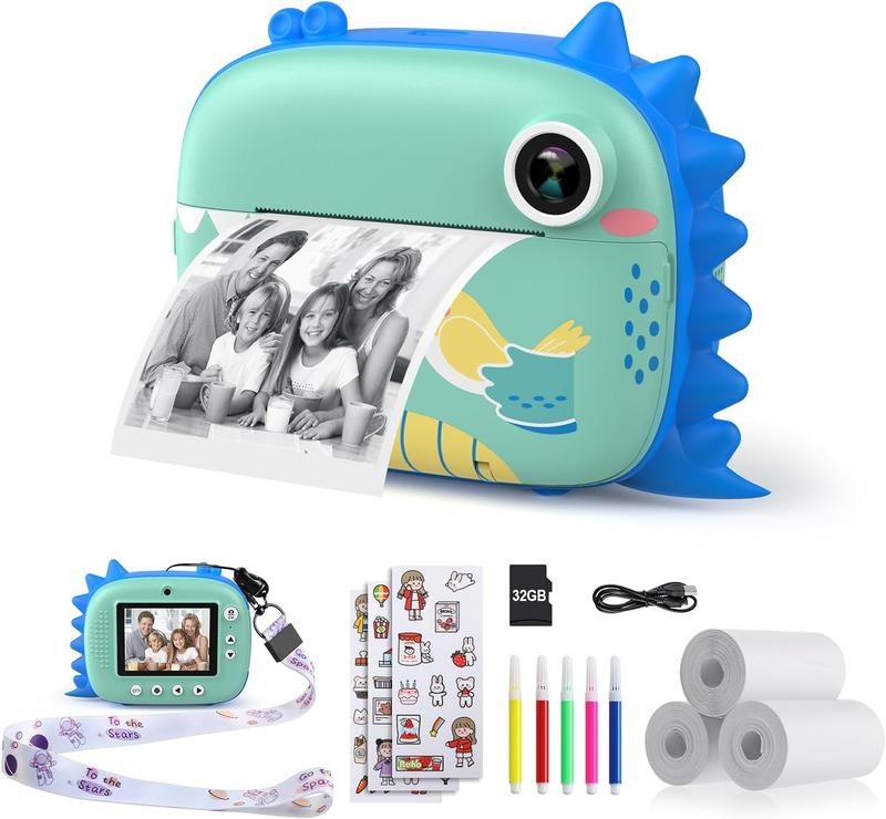 HiMont Kids Camera Instant Print, Digital Camera for Kids with No Ink Print Paper & 32G TF Card, Selfie Video Camera with Color Pens & Photo Clips for DIY, Gift for Boys and Girls