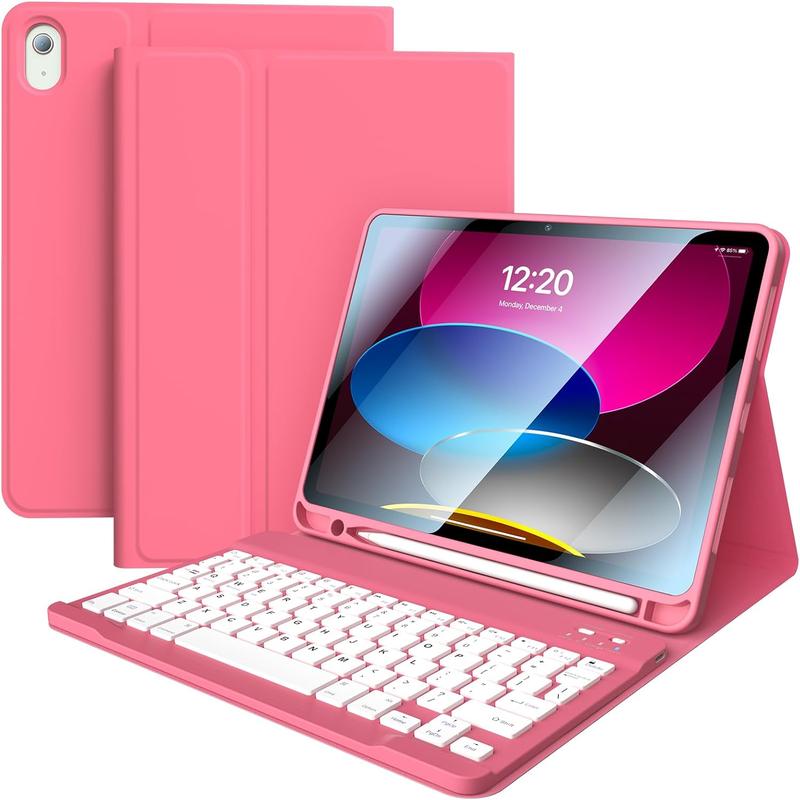 iPad 10th Generation Case with Keyboard 2022 10.9-inch  Detachable Folio Keyboard Cover with Pencil Holder Rechargeable Keyboard for  iPad 10th Gen 2022 (Hot Pink)