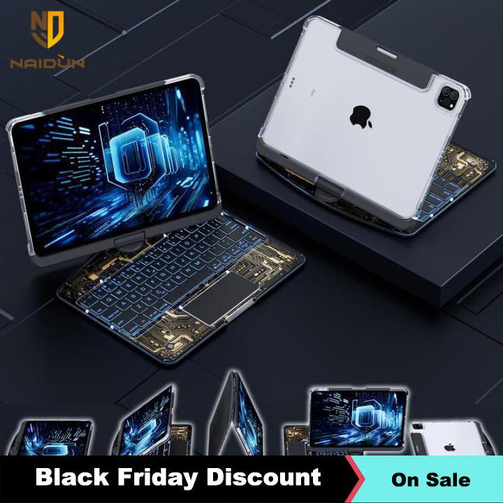 NAIDUN 360 Swivel Keyboard with Transparent Case Color backlight for iPad Tablet
