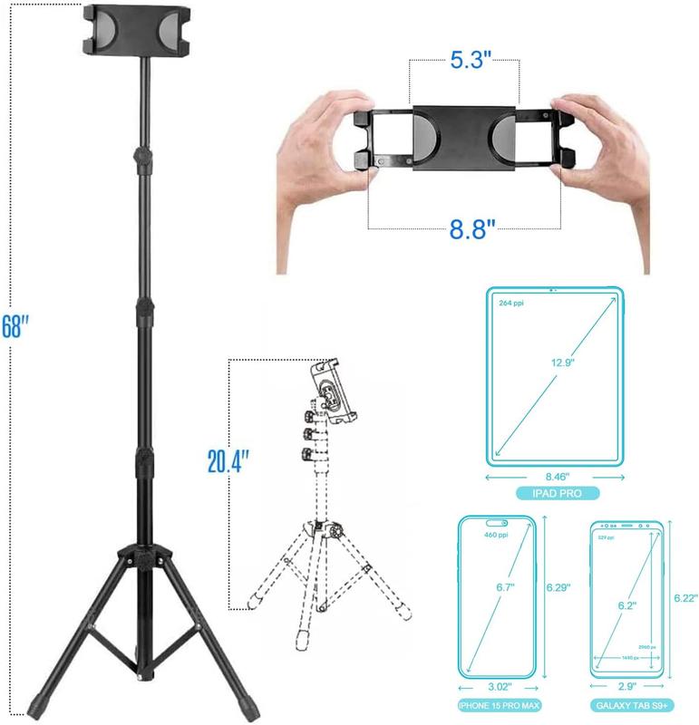 Tablet Tripod for iPad Pro Floor Stand Tripod Mount for Surface Pro Samsung Tab S9+ Holder Stand w. Remote 360° Rotating Adjustable 68
