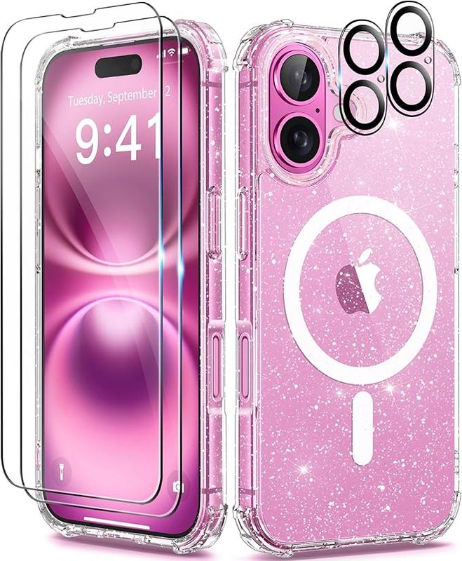 Entronix 5-in-1 BUNDLE For iPhone 16, Plus, Pro Max, Magnetic Glitter Clear Case, Clear Camera Lens & Tempered Glass Screen Protector, Accessories