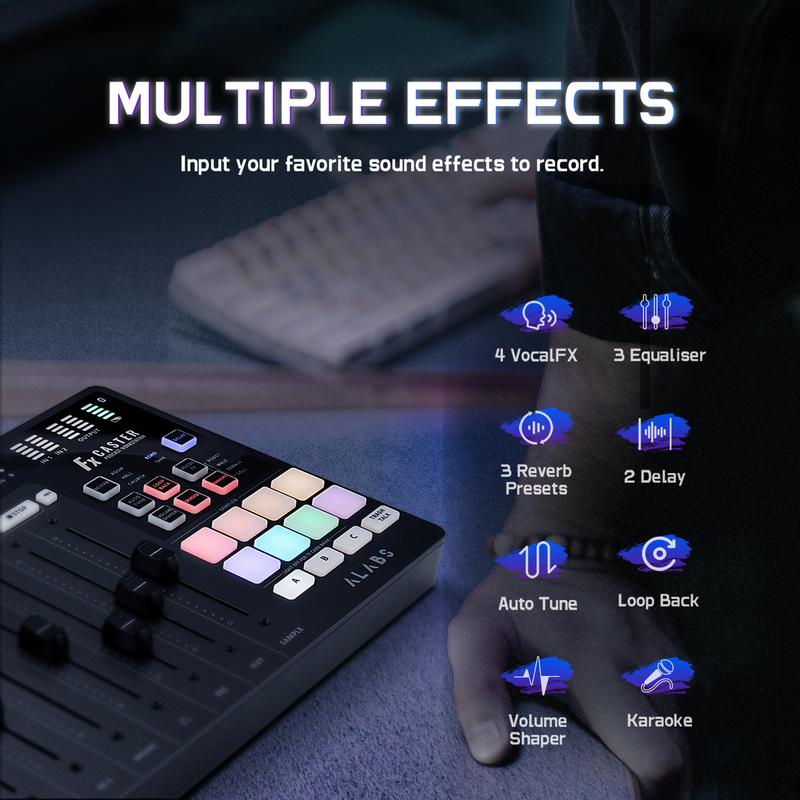 ALABS Fxcaster Audio Interface, Podcast Equipment with 7 controls, Podcast mixer with Pro-preamp,for Recording, Live Broadcast and Music Studio