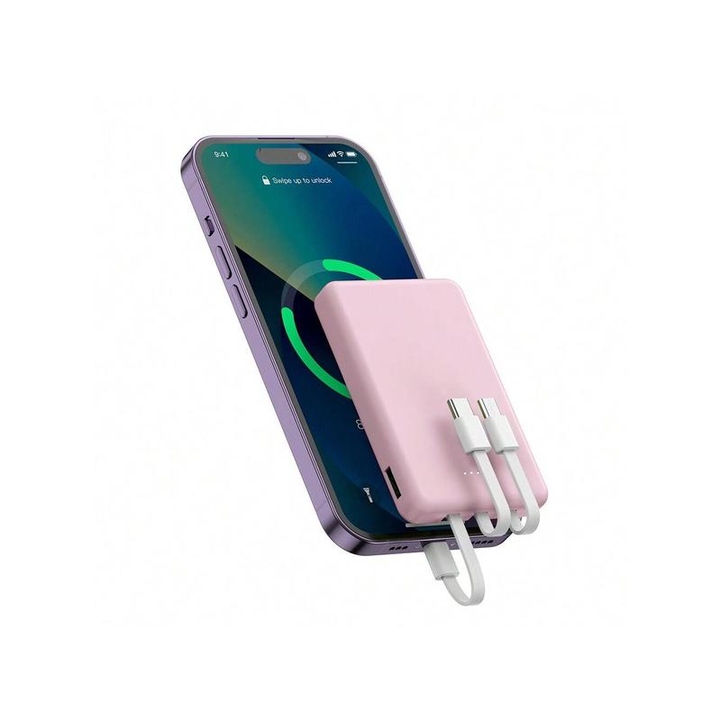 Mini Portable Mobile Phone Power Bank Charger 5000mAh, Input Type-C, USB C Block,4-USB Output Built-In Type-C Cable, Micro Cable, Suitable For IPhone Cable Charging, USB-A Output Interface, For IPhone ,  And Other Series