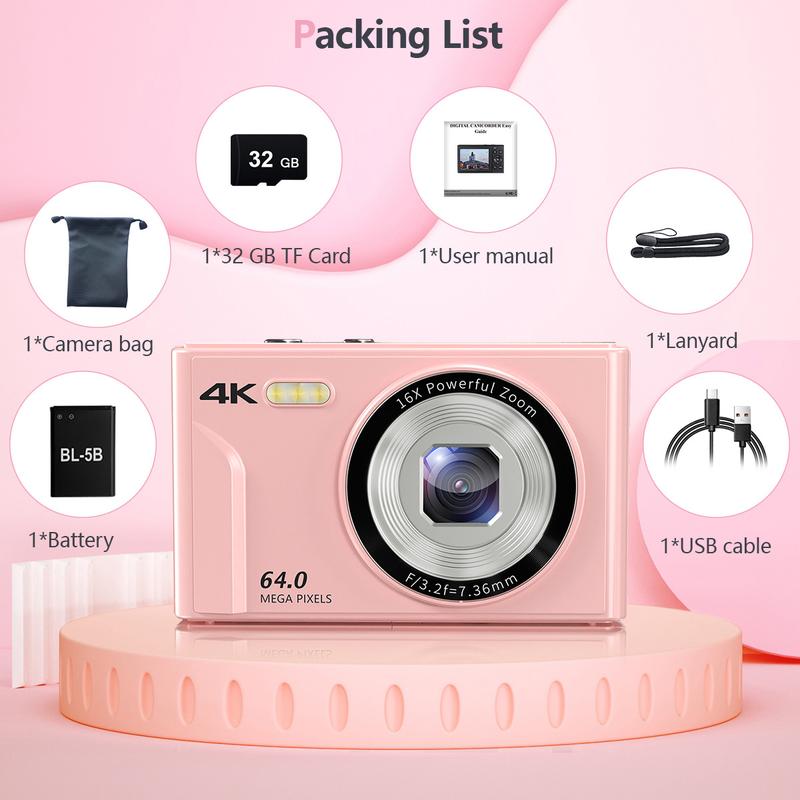 4K & 64MP Digital Camera, 16x Digital Zoom, Auto Focus, 2.8