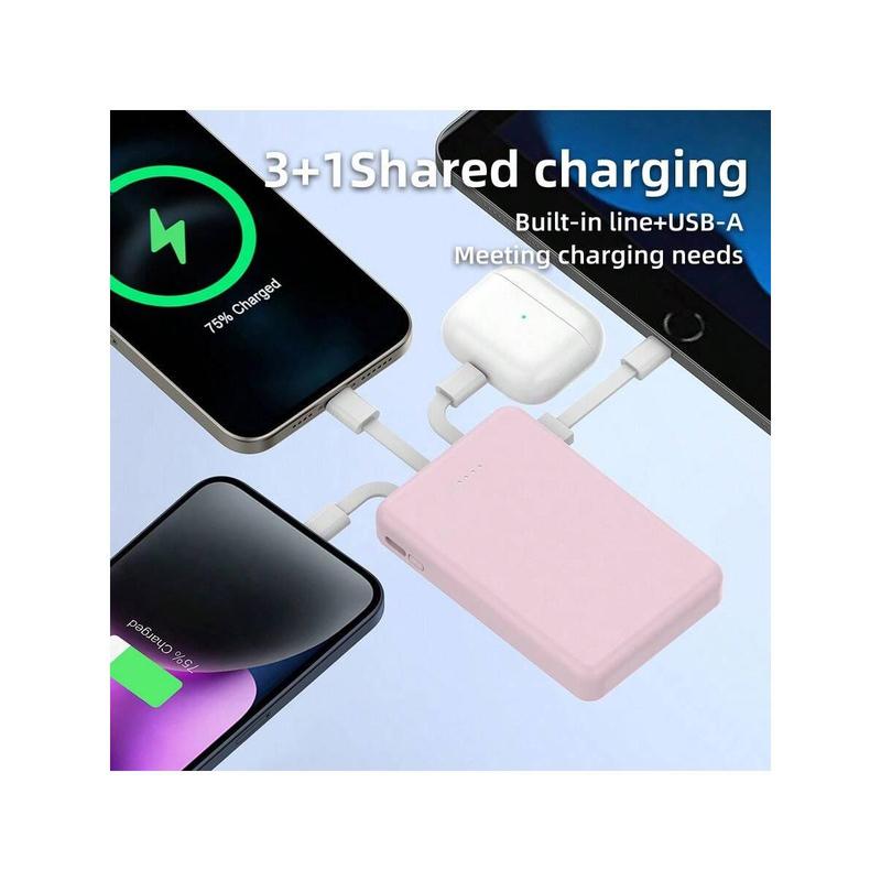 Mini Portable Mobile Phone Power Bank Charger 5000mAh, Input Type-C, USB C Block,4-USB Output Built-In Type-C Cable, Micro Cable, Suitable For IPhone Cable Charging, USB-A Output Interface, For IPhone ,  And Other Series