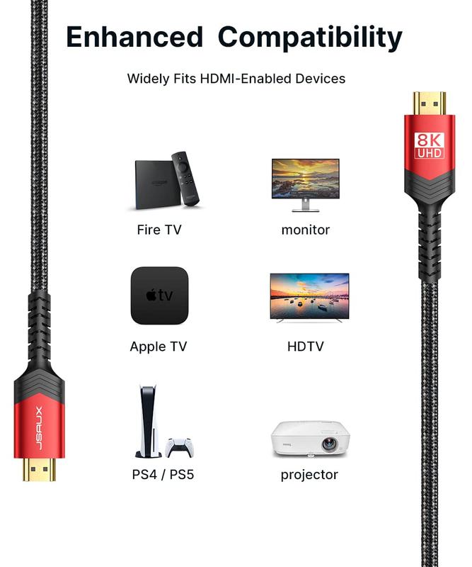 JSAUX 8K HDMI Cable , 48Gbps 8K and 4K Ultra High Speed ​​HDMI Braided Cable, 4K @ 120Hz 144Hz, 8K @ 60Hz, HDCP 2.2 and 2.3, HDR 10, eARC Compatible Laptop UHD TV PS5 Monitor UHD PS4 Du than - red