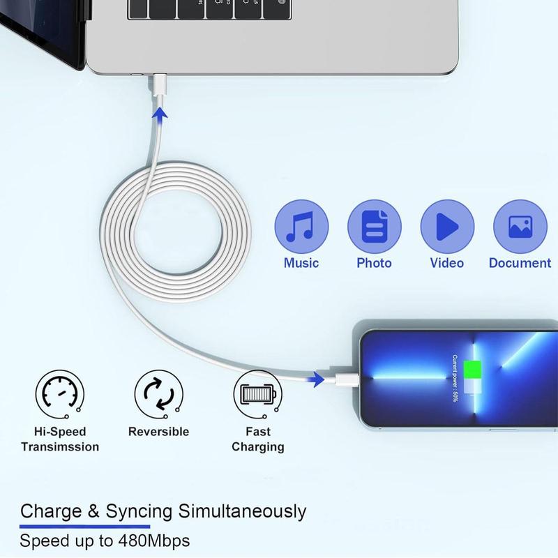 10FT 6FT Dual-Port USB-C Fast Charger Plug, compatible with iPhone 14 13 12 11 XS XR, with automatic smart protection for safe, efficient charging
