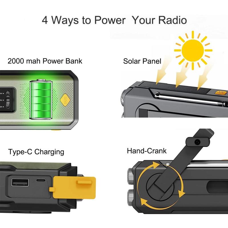 Portable Radio, 2000mAh Emergency Radio with Solar & Hand Crank Powered, AM FM Radio with 3-LED Flashlight, Outdoor Emergency Radio