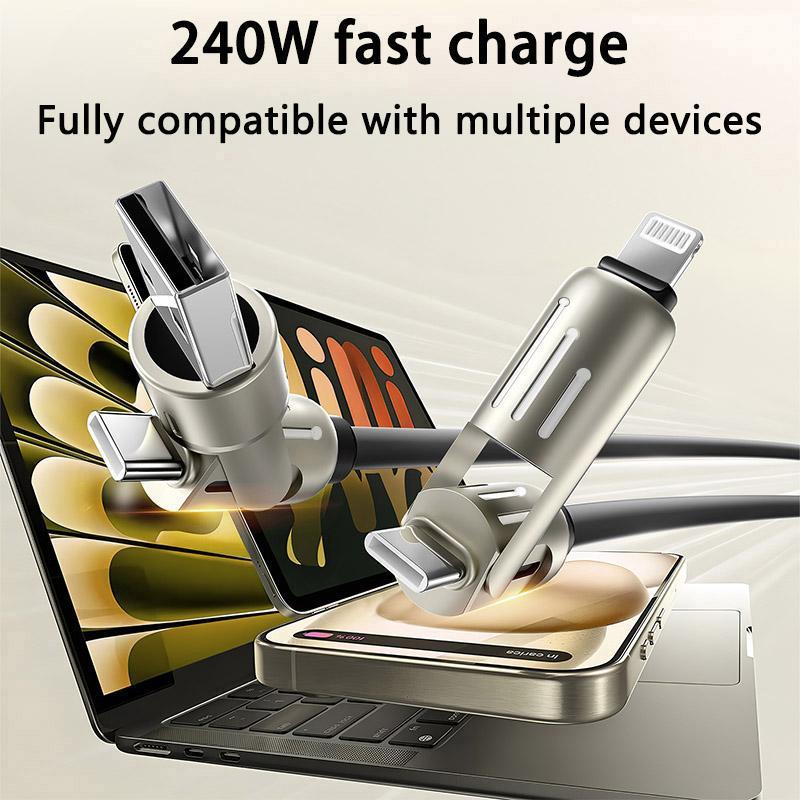 240W 4-in-1 USB-C Data Cable with Storage Bag, USB-A Type-C Multifunctional Zinc Alloy 240W Data Cable for iPhone 15 14 Mobile iPad Pro, Charging Cable for Phone