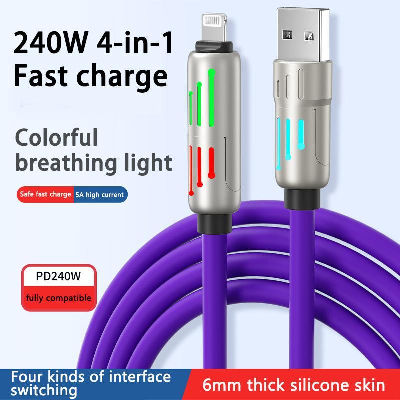 240W 4-in-1 USB-C Data Cable with Storage Bag, USB-A Type-C Multifunctional Zinc Alloy 240W Data Cable for iPhone 15 14 Mobile iPad Pro, Charging Cable for Phone