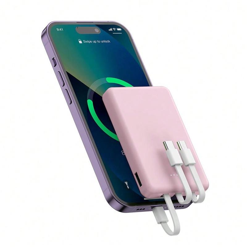 Mini Portable Mobile Phone Power Bank Charger 5000mAh, Input Type-C, USB C Block,4-USB Output Built-In Type-C Cable, Micro Cable, Suitable For IPhone Cable Charging, USB-A Output Interface, For IPhone ,  And Other Series