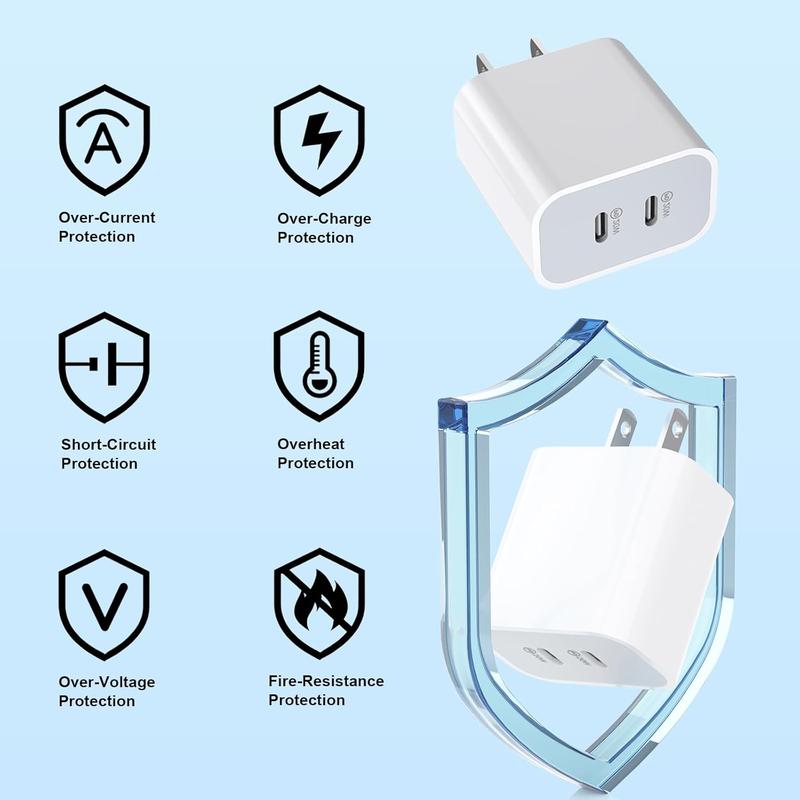 10FT 6FT Dual-Port USB-C Fast Charger Plug, compatible with iPhone 14 13 12 11 XS XR, with automatic smart protection for safe, efficient charging