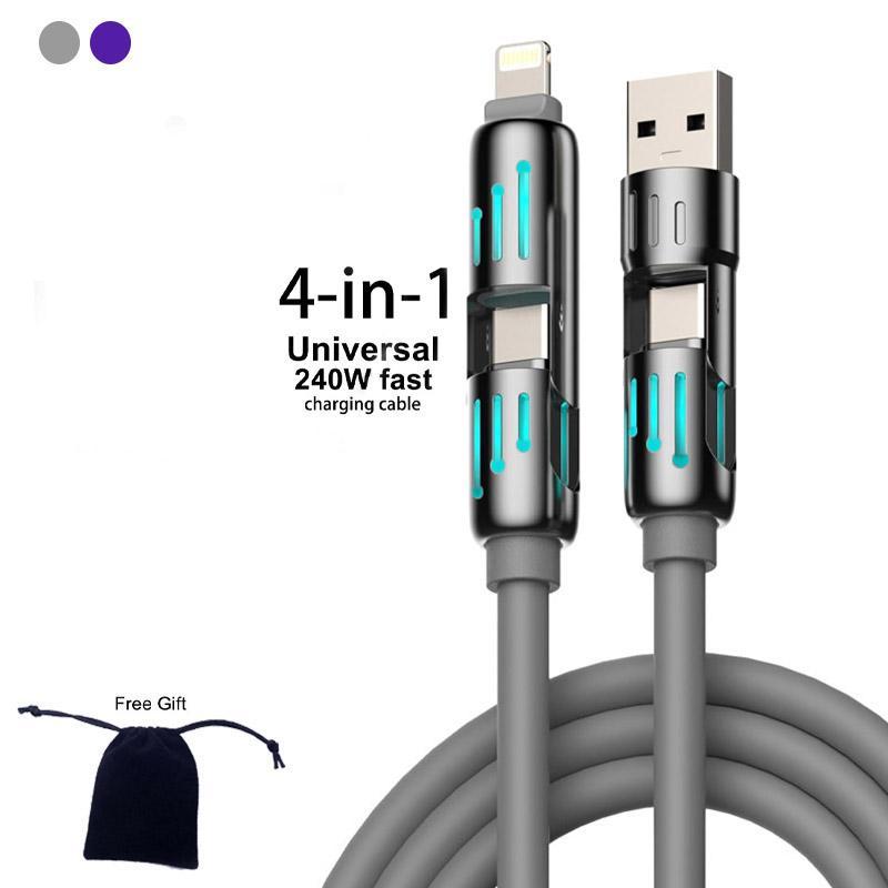 240W 4-in-1 USB-C Data Cable with Storage Bag, USB-A Type-C Multifunctional Zinc Alloy 240W Data Cable for iPhone 15 14 Mobile iPad Pro, Charging Cable for Phone