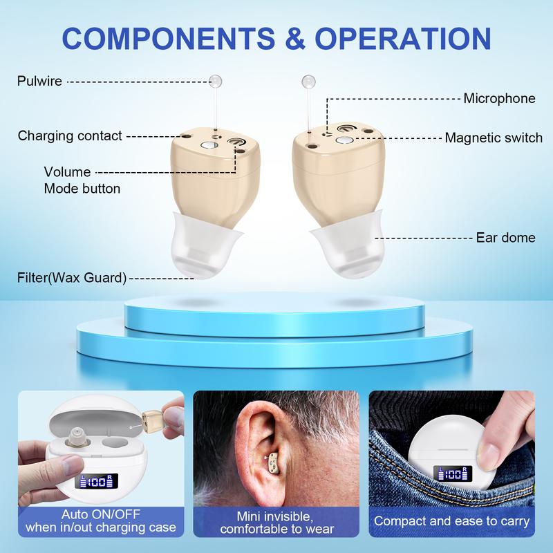 Mini In-ear Hearing Amplifiers Invisible Hearing Aids Adjustable Volume Hearing Aids With Rechargeable Display
