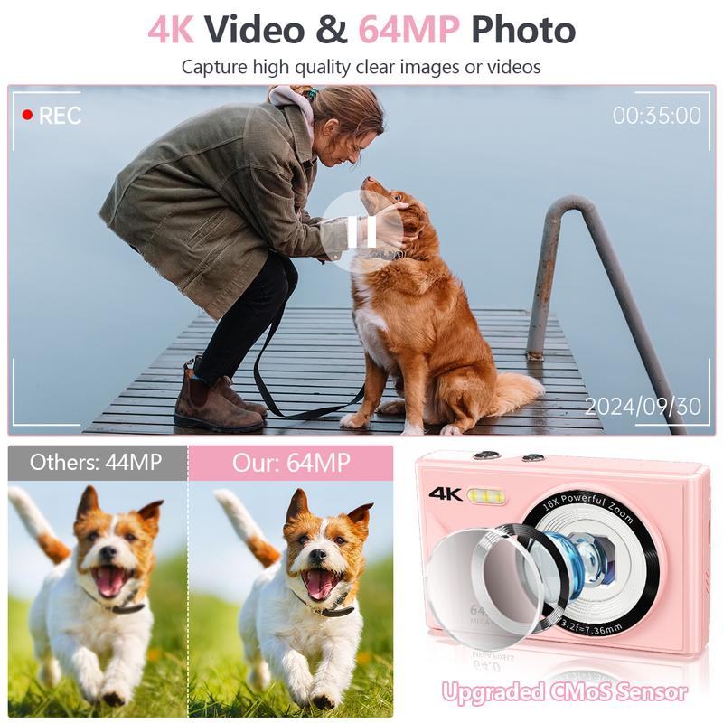 4K & 64MP Digital Camera, 16x Digital Zoom, Auto Focus, 2.8