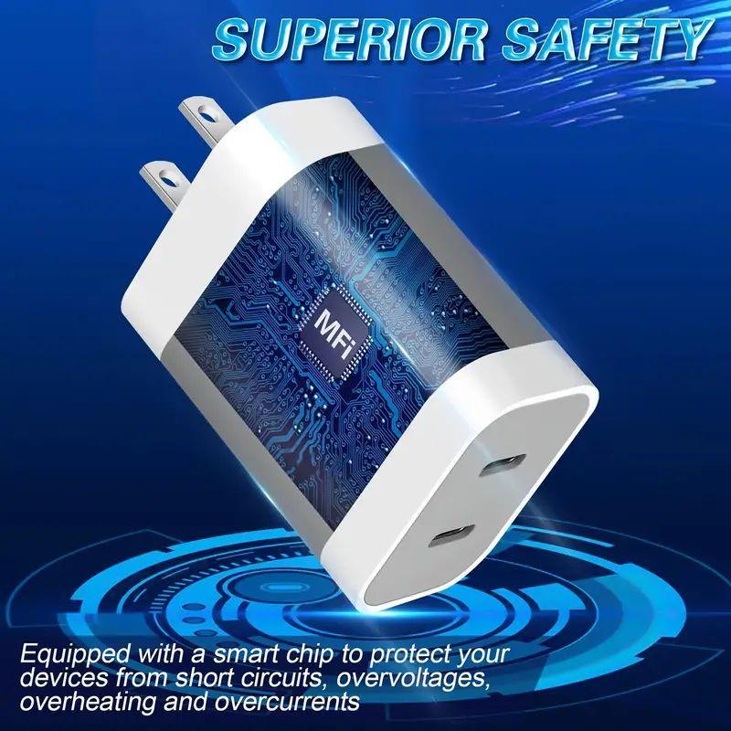 10FT 6FT Dual-Port USB-C Fast Charger Plug, compatible with iPhone 14 13 12 11 XS XR, with automatic smart protection for safe, efficient charging