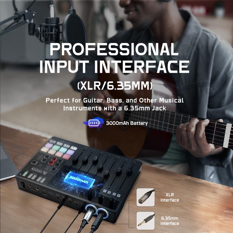 ALABS Fxcaster Audio Interface, Podcast Equipment with 7 controls, Podcast mixer with Pro-preamp,for Recording, Live Broadcast and Music Studio
