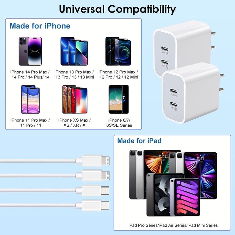 10FT 6FT Dual-Port USB-C Fast Charger Plug, compatible with iPhone 14 13 12 11 XS XR, with automatic smart protection for safe, efficient charging